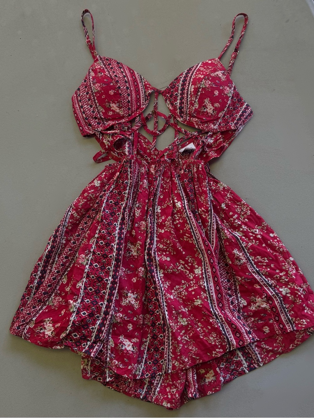 Angel Biba Crimson Floral Lace-Up Romper